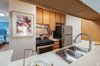 a kitchen with stainless steel appliances and a sink